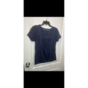 Lucky Brand Crochet Knit Top Womens Size Small Navy Blue Short‎ Sleeve